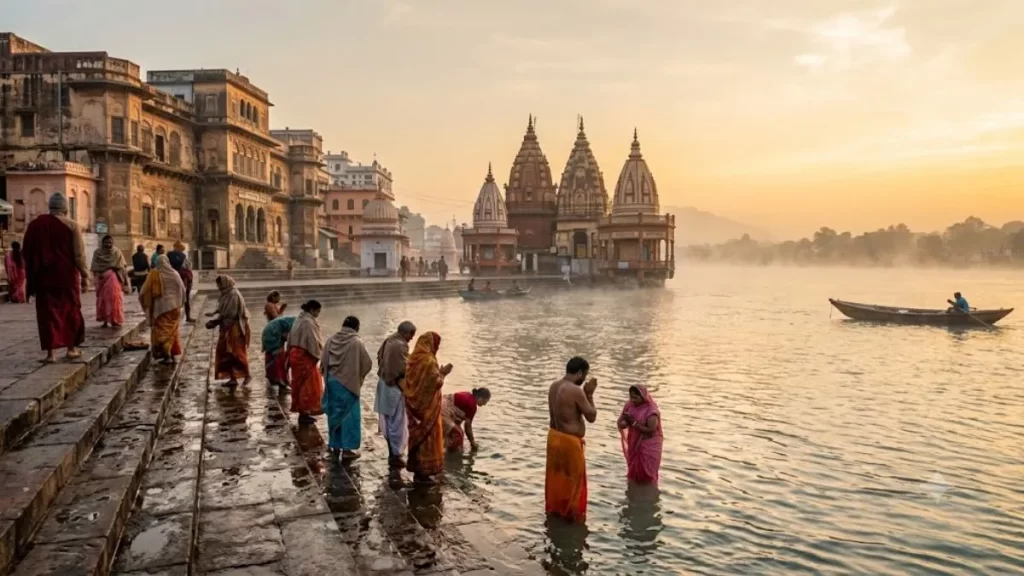 Morning view of Har Ki Pauri ghat with glowing diyas on the Ganga River