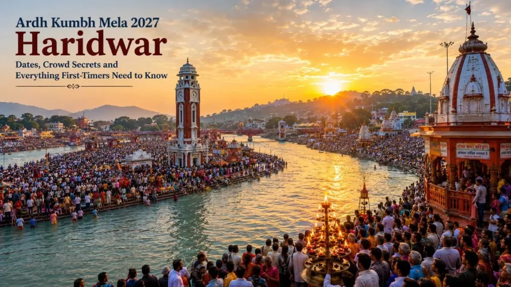 Ardh Kumbh Mela 2027 Haridwar aerial view of pilgrims at Har Ki Pauri on the banks of the Ganga River