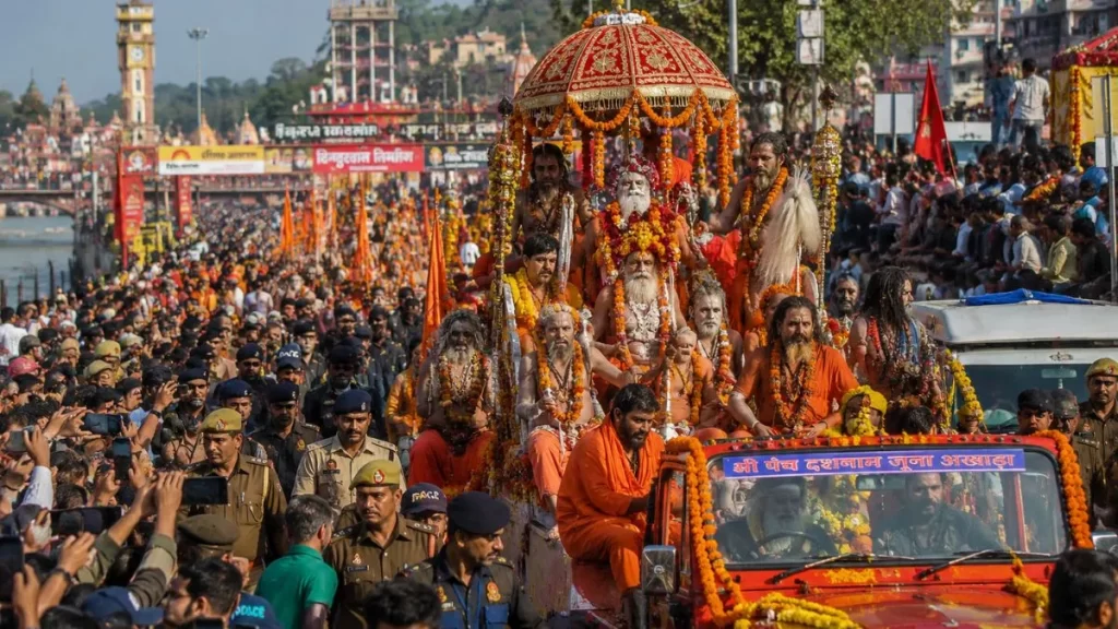 Akhara saints participating in the Shahi Snan procession at Haridwar Kumbh Mela