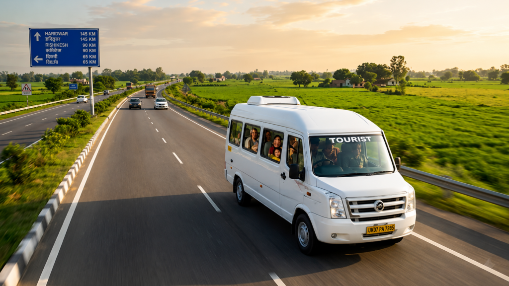 Delhi to Haridwar Tempo Traveller travelling on NH 334 for a family pilgrimage trip