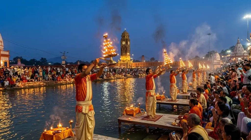 Ganga Aarti at Har Ki Pauri Haridwar with priests holding lamps and devotees gathered along the Ganga River