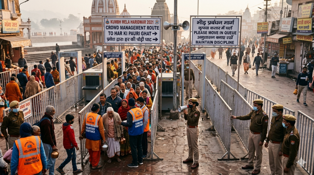 Haridwar Kumbh Mela crowd management route with directional signage and pilgrims walking towards Har Ki Pauri