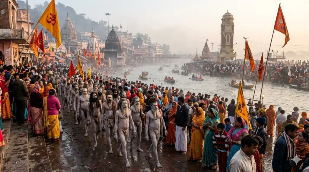 Naga Sadhus marching towards Har Ki Pauri during Shahi Snan in Haridwar