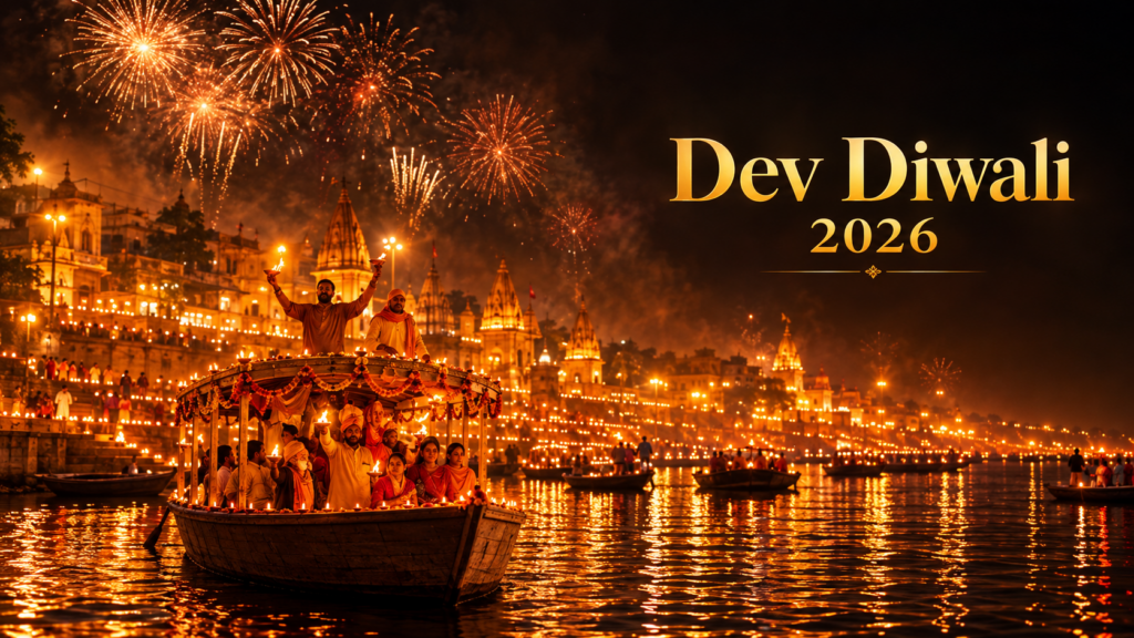 Dev Diwali 2026 celebration in Varanasi with glowing diyas, illuminated ghats, fireworks, and Delhi Tempo Travels branding.
