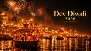 Dev Diwali 2026 celebration in Varanasi with glowing diyas, illuminated ghats, fireworks, and Delhi Tempo Travels branding.